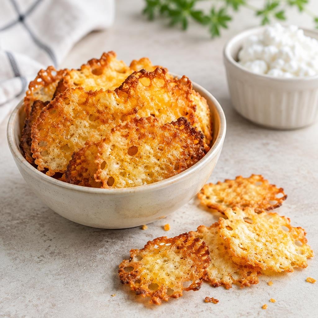 Crispy cottage cheese chips served in a bowl with cottage cheese