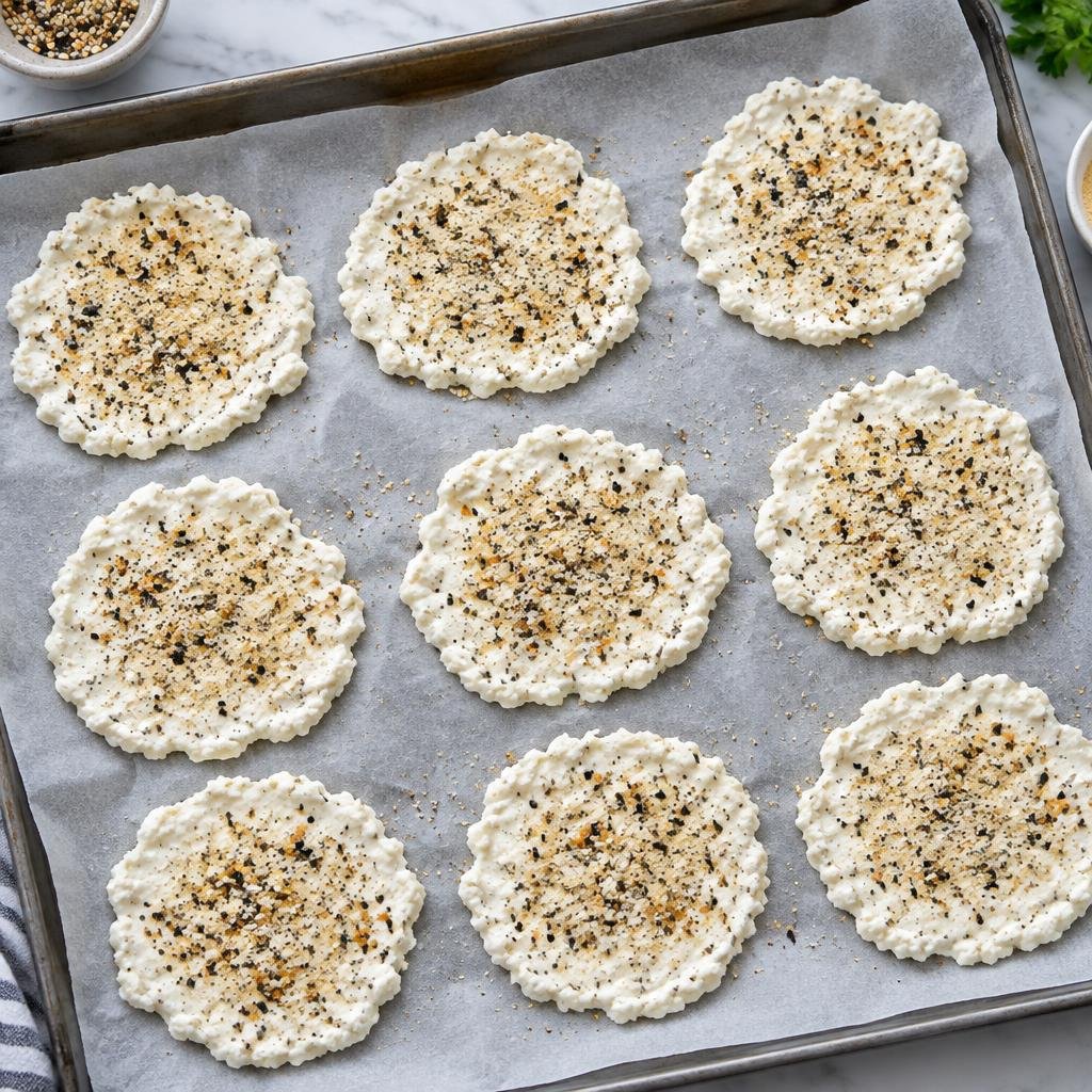 Cottage cheese portions arranged on a parchment-lined baking sheet