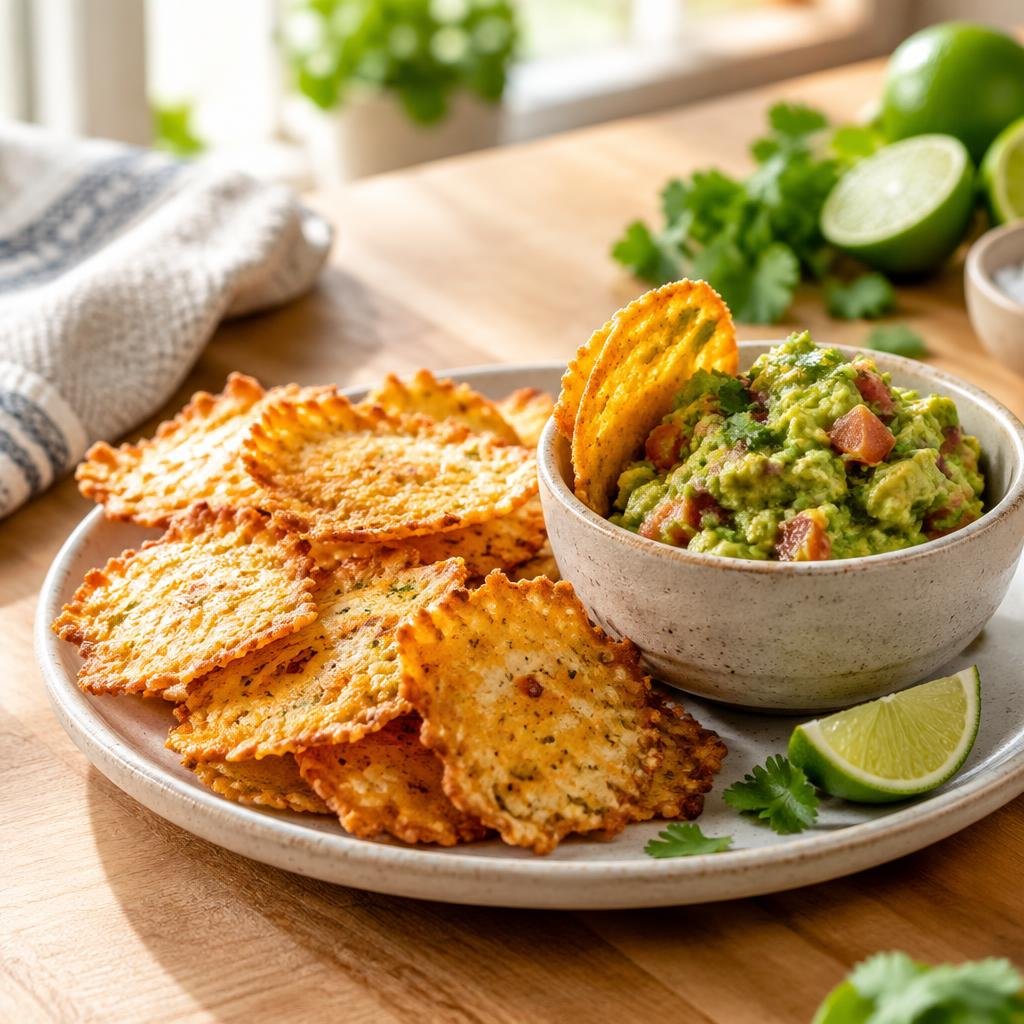 Golden crispy cottage cheese chips with browned edges