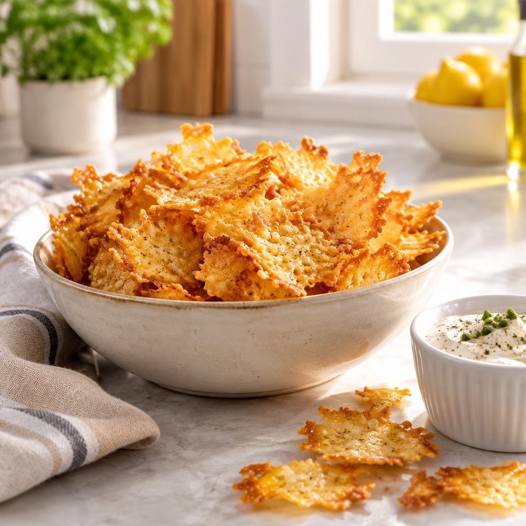 Crispy cottage cheese chips served with a creamy dipping sauce